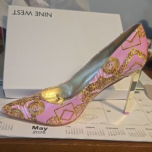 Nine West Pink and Gold Chain Print Heels